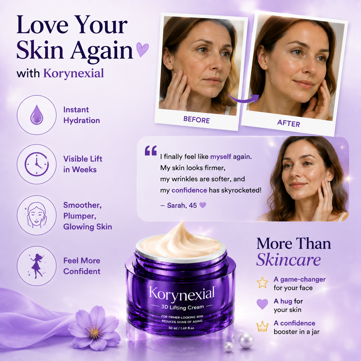 Rediscover Youthful Skin: Lift, Firm & Glow with Korynexial 3D Lifting Cream ✨💜
