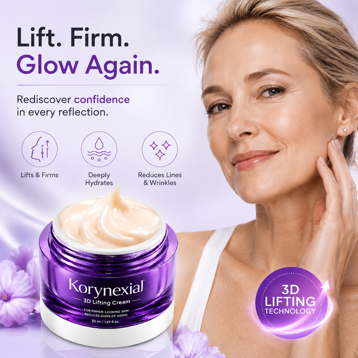 Rediscover Youthful Skin: Lift, Firm & Glow with Korynexial 3D Lifting Cream ✨💜